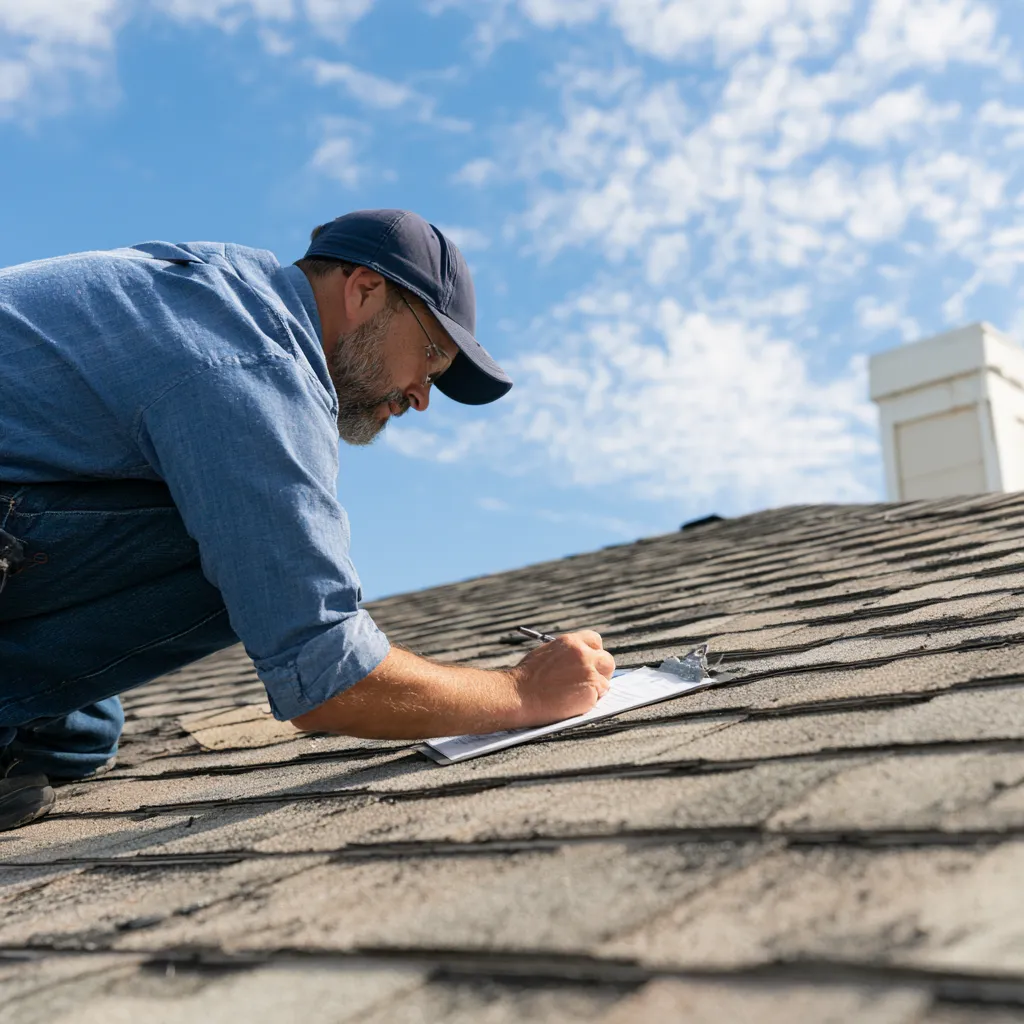 Notes being taken near a roof chimney by an inspector in a cap