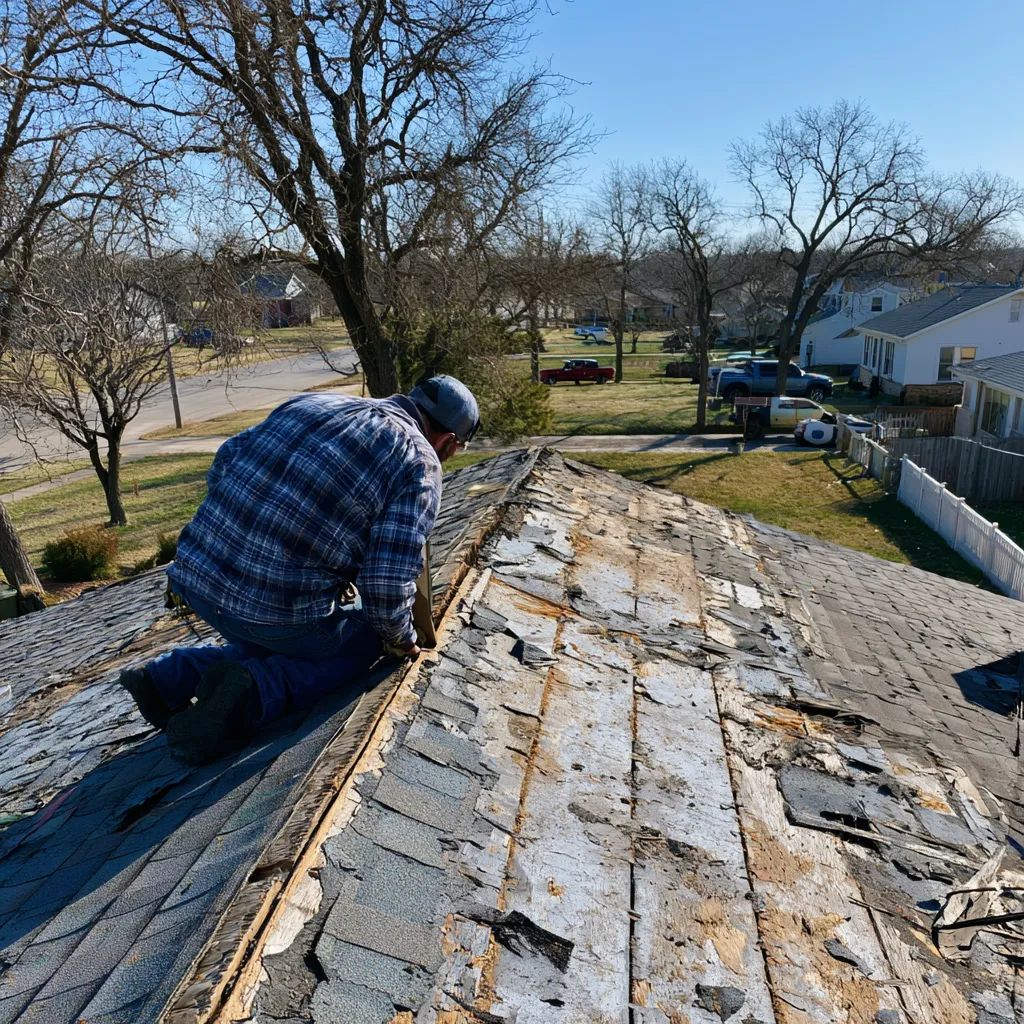 Exposed wood decking and damaged shingles under inspection by a roofer