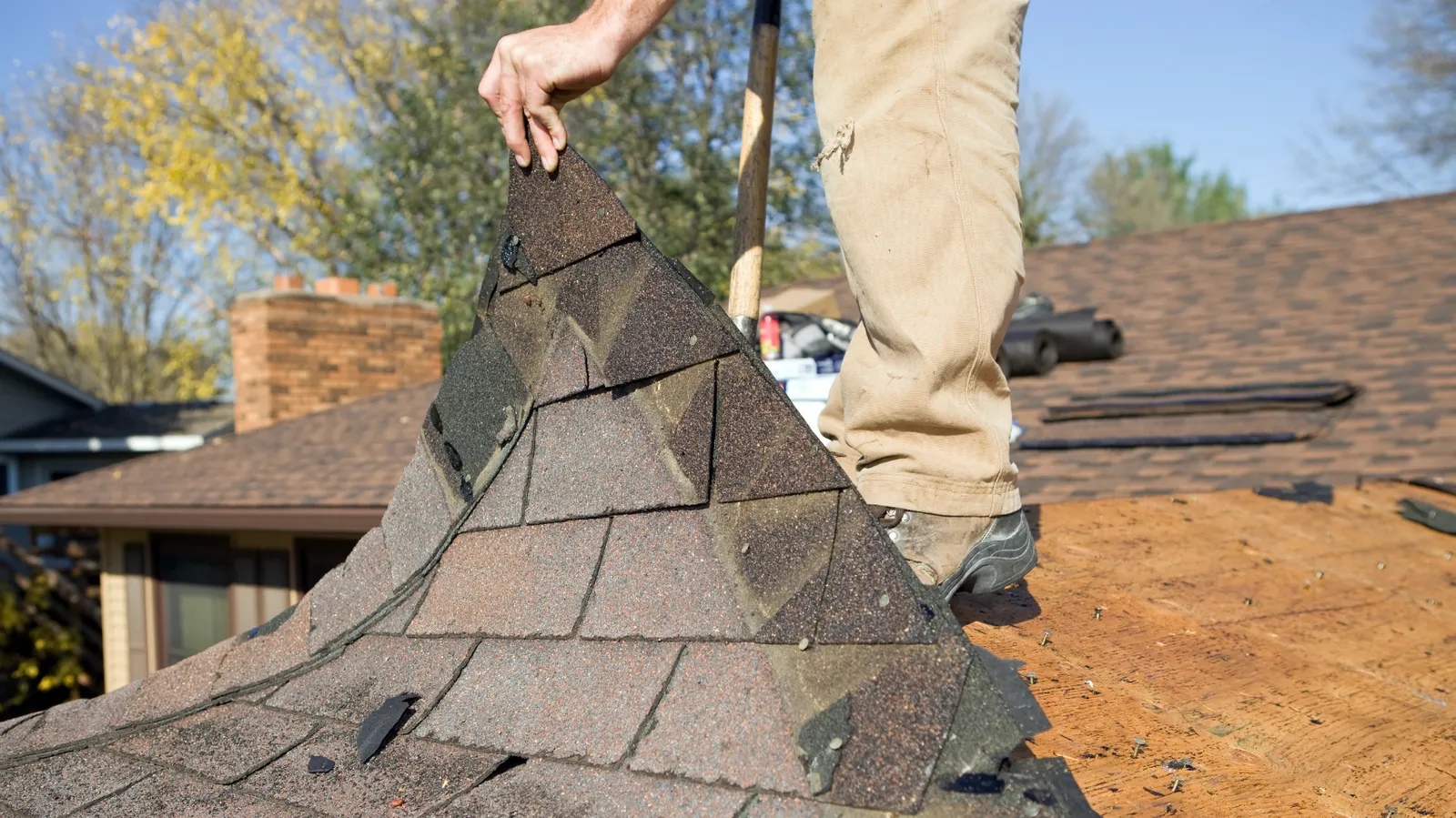 Roofer pulling up a large section of old shingles by hand